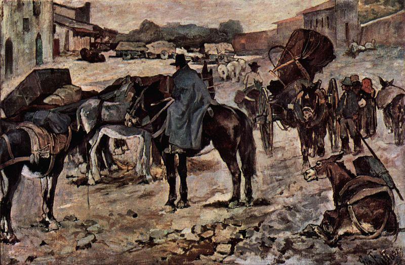 Dorfstrasse mit Bauern, Maultieren und Handlern, Giovanni Fattori